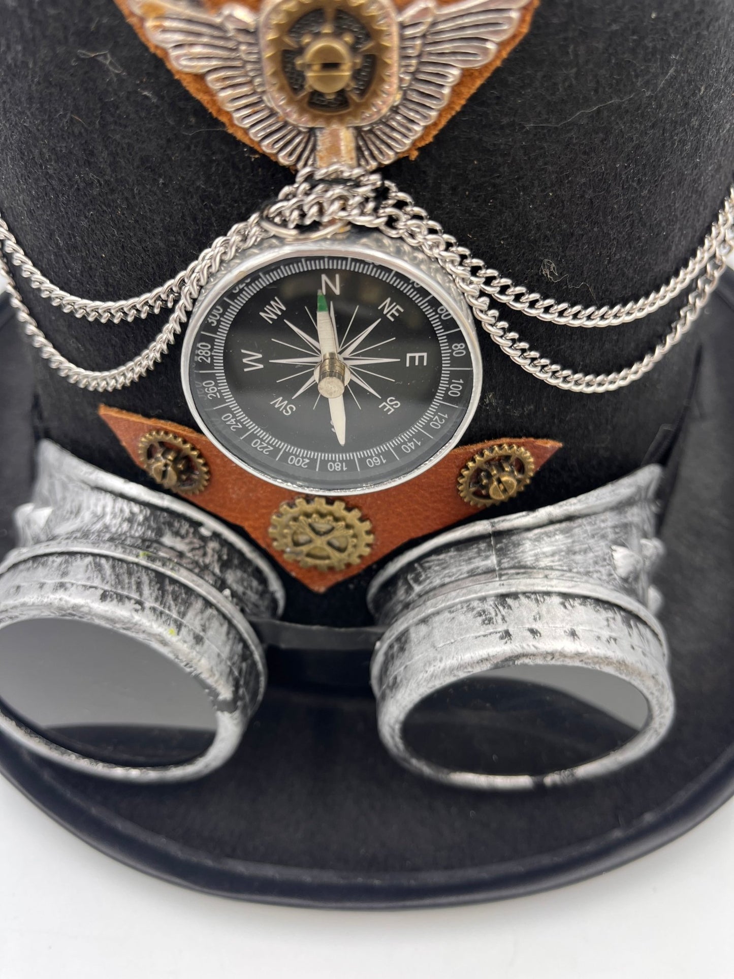 Steampunk tophat with compass, goggles and Steampunk charms