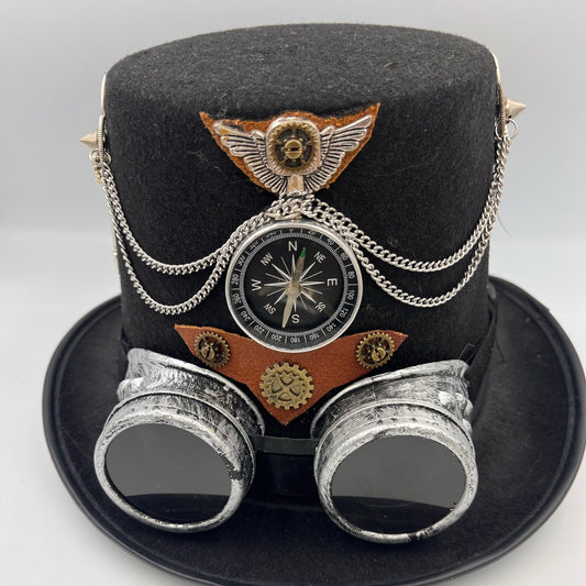 Steampunk tophat with compass, goggles and Steampunk charms