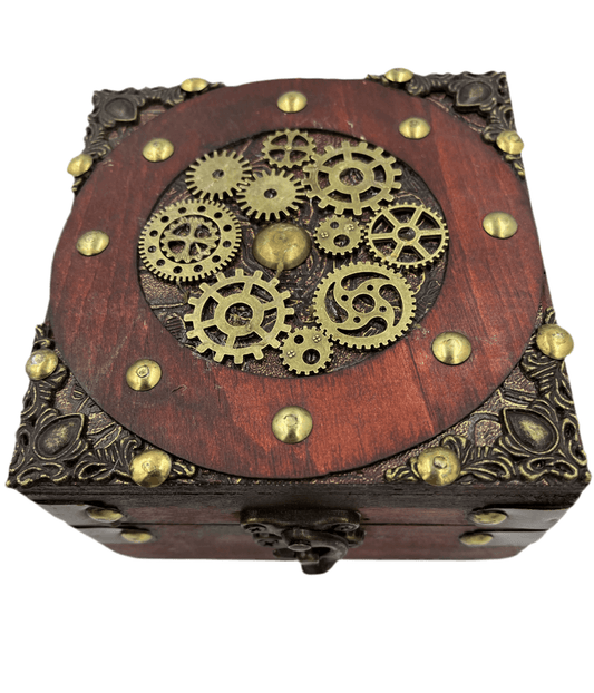 Wooden Jewellery Box With brass Coloured Steampunk Cogs - Steampunkgearsa